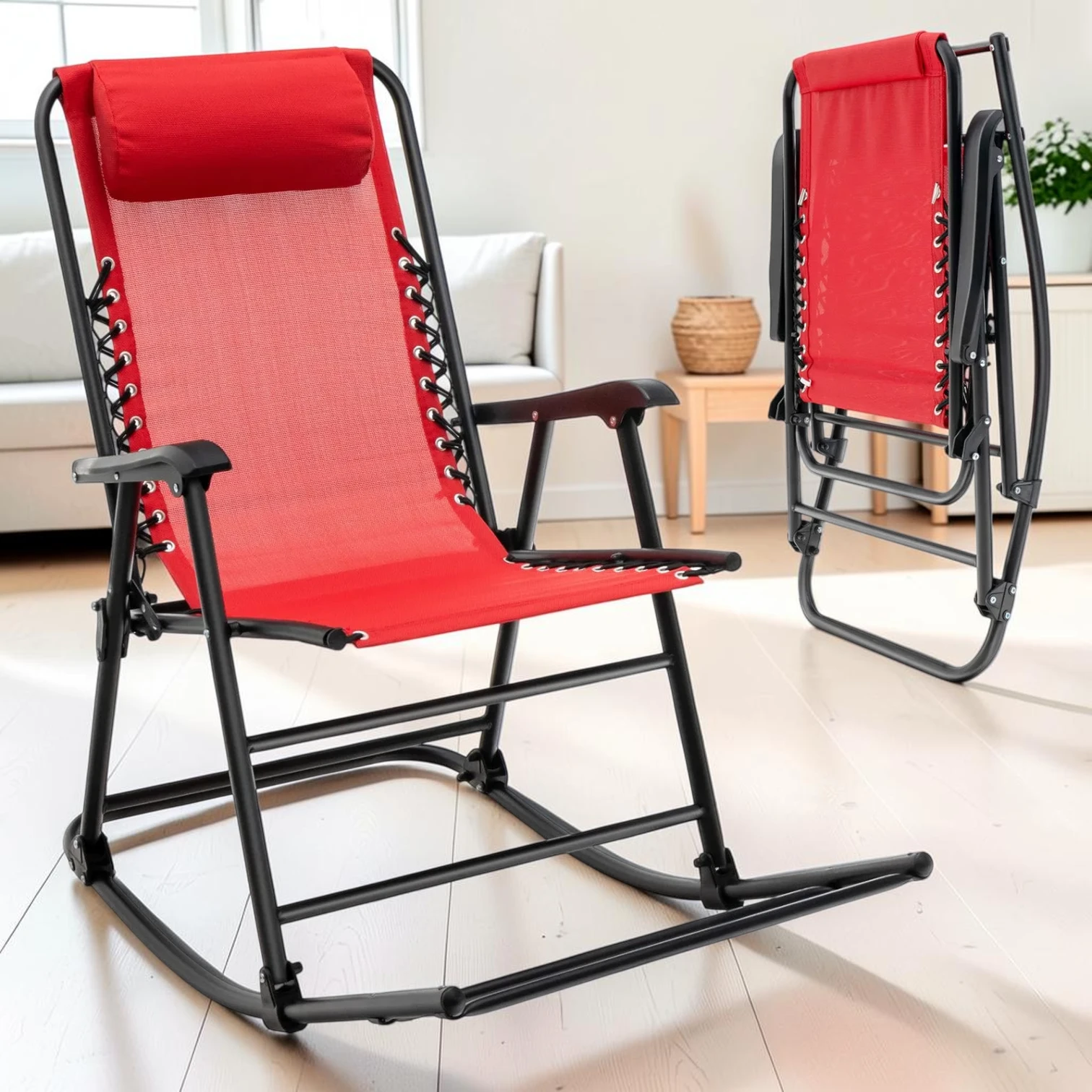 Outdoor Patio Zero Gravity Rocking Chair, Steel Frame with Weather-Resistant Fabric, 45-inch Height, Red