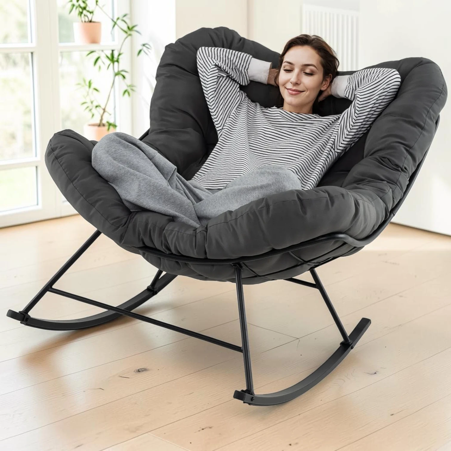 Oversized Egg Papasan Rocking Chair with Padded Cushion, Gray, 43" x 37.5" x 32.5"