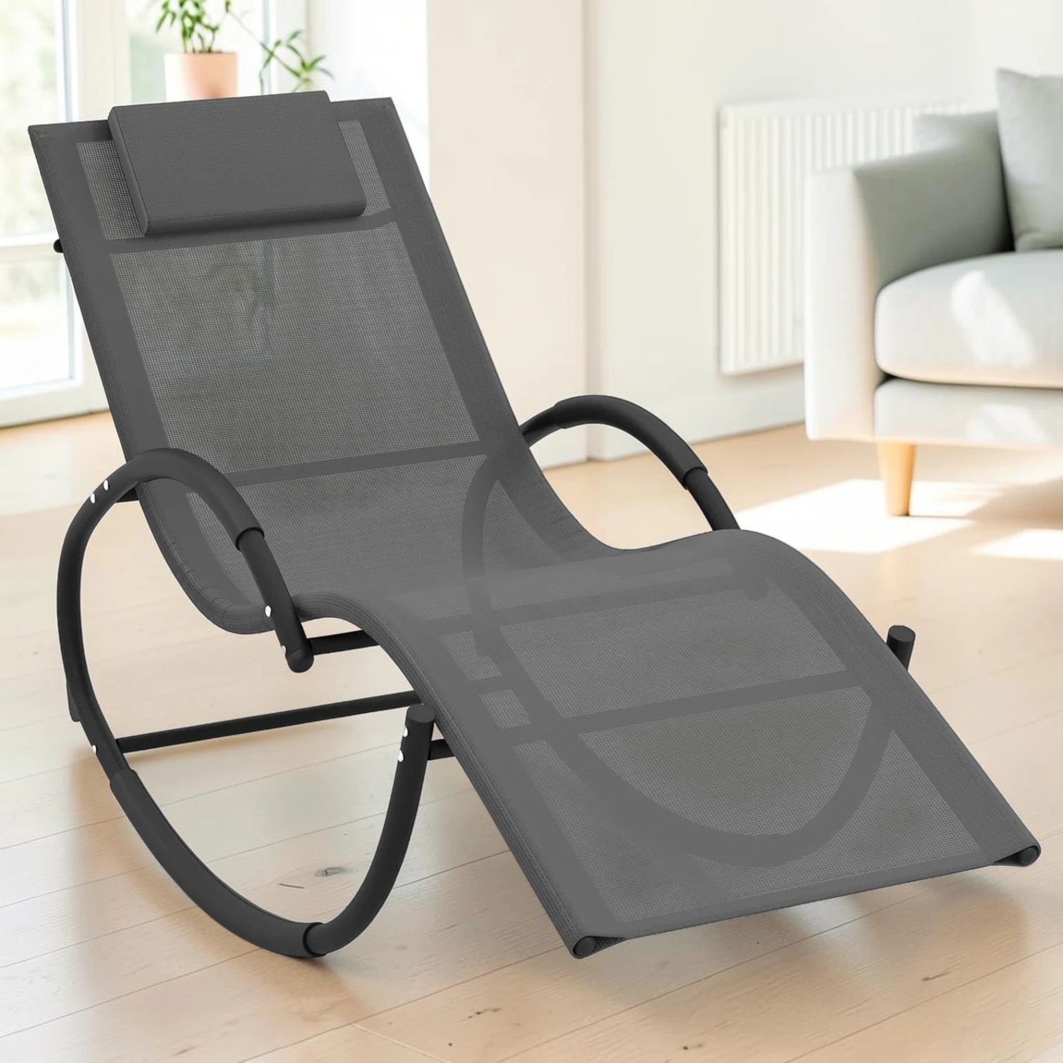 Outdoor Rocking Lounge Chair, Metal Frame with Removable Headrest, Gray, 64" x 24.5" x 34"
