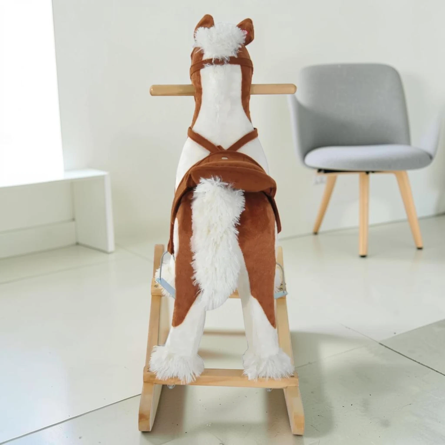 Kids Rocking Horse, Plush Ride-On Toy with Sound Effects, Brown, 28-inch