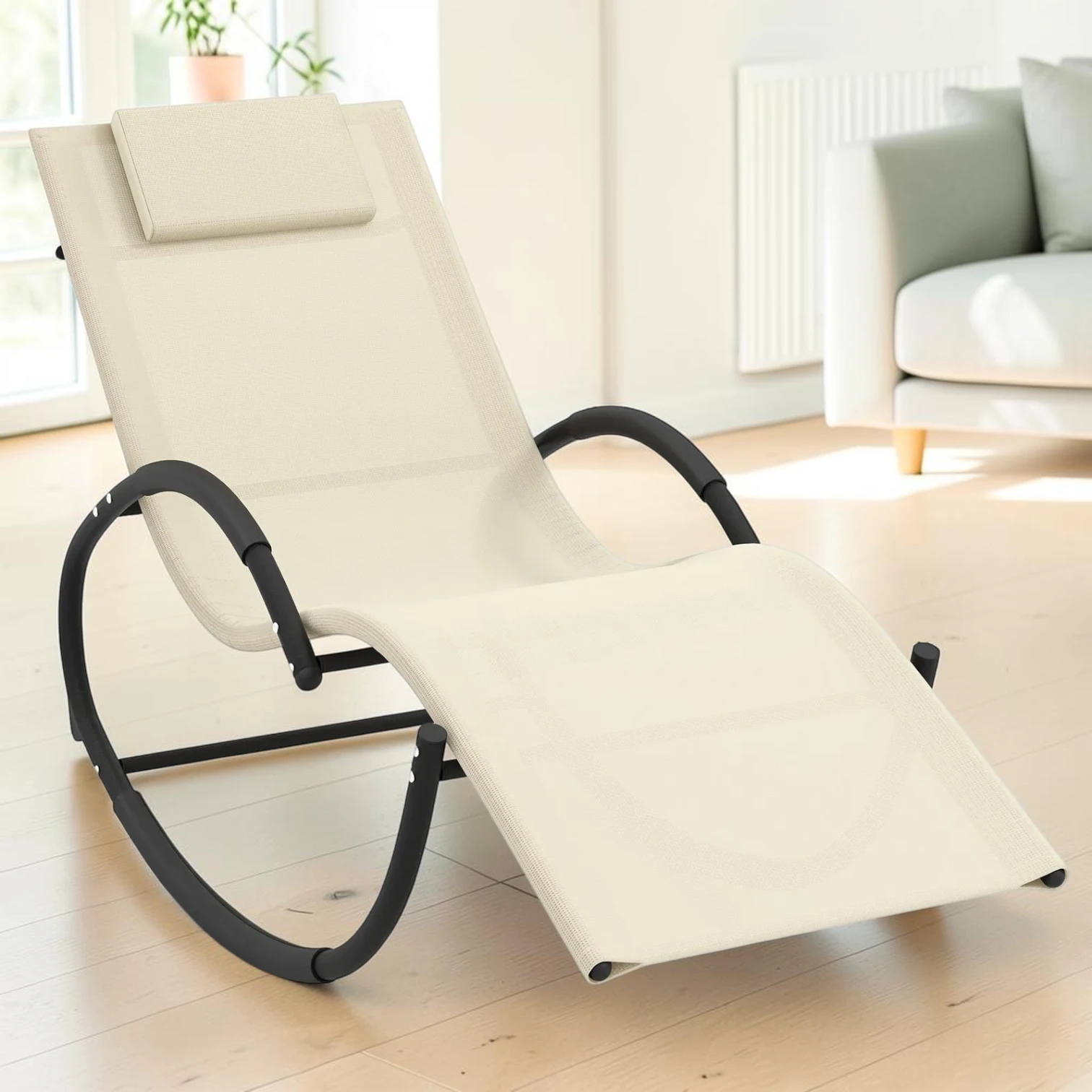 Outdoor Rocking Lounge Chair with Removable Headrest, Beige, 64 x 24.5 x 34 Inch