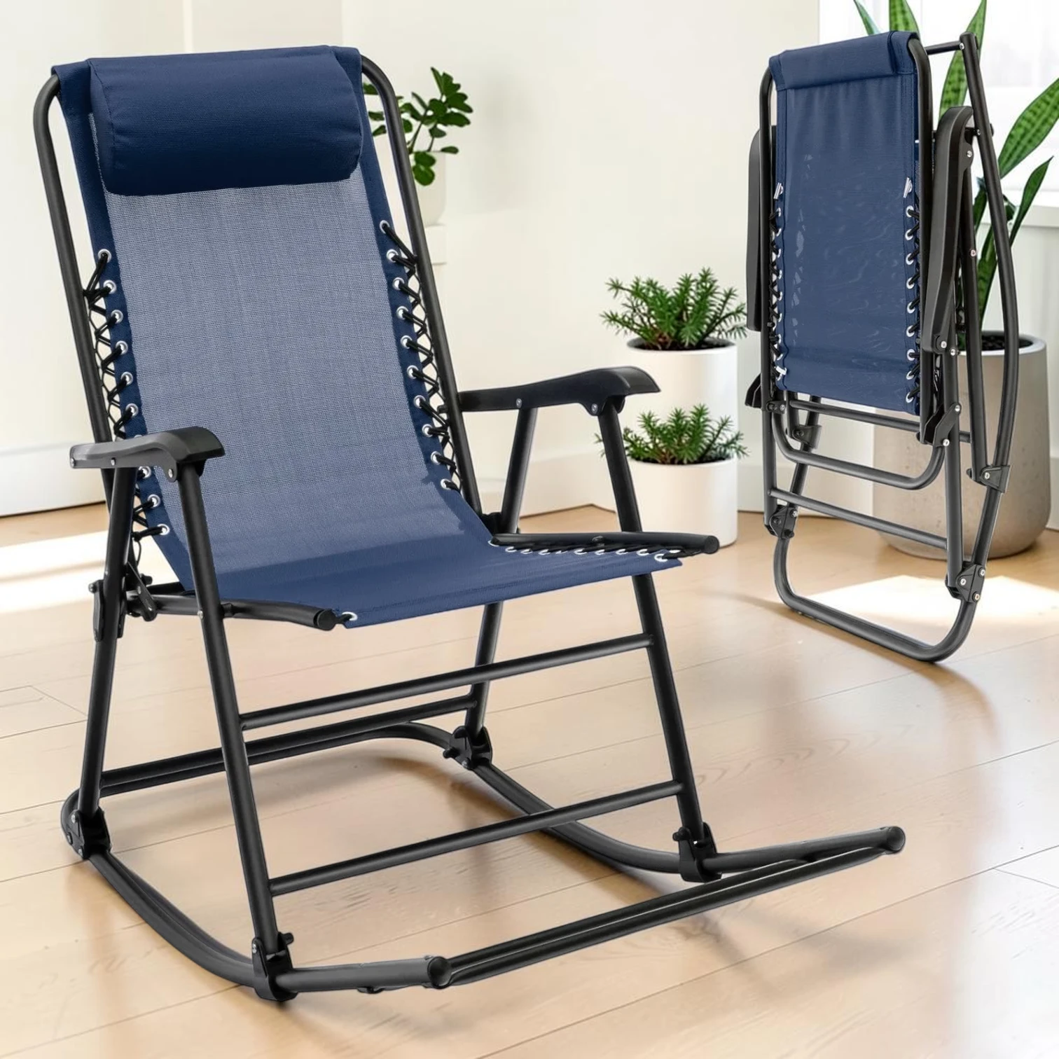 Outdoor Zero Gravity Rocking Chair Steel Frame with Headrest Blue 33.0 x 25.0 x 45.0 inches