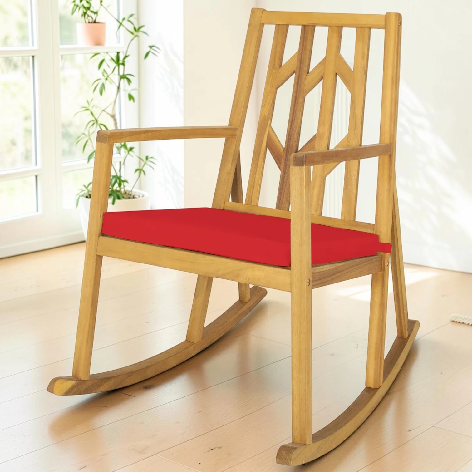 Acacia Wood Rocking Chair with Cushion, Outdoor Patio Porch Rocker, Red, 28.5 x 38 x 41 Inches