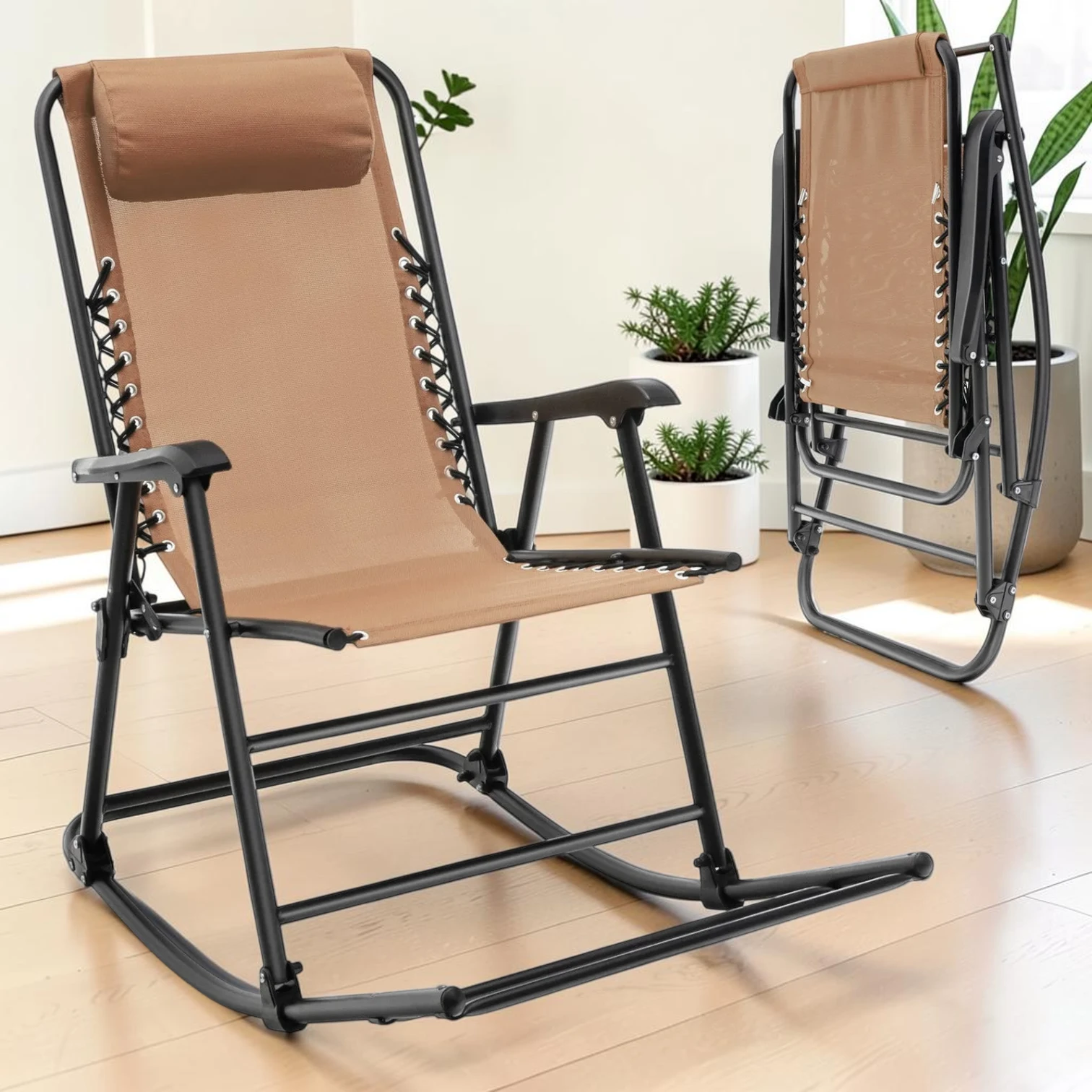 Outdoor Patio Headrest Folding Zero Gravity Rocking Chair Beige 33.0" x 25.0" x 45.0"