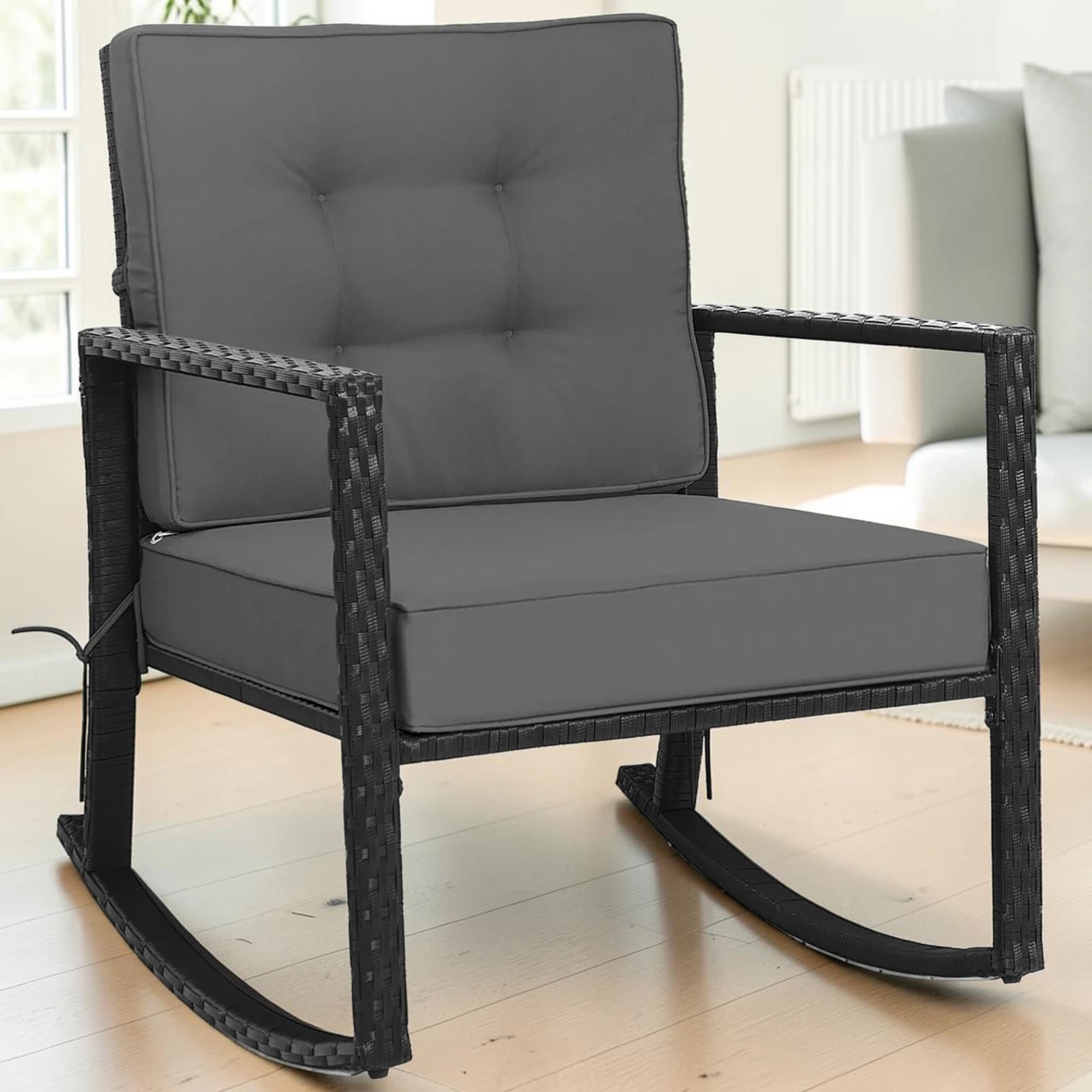 Patio Rattan Rocking Chair, Outdoor Glider with Cushions, Gray, 26.5 x 36 x 33 Inch