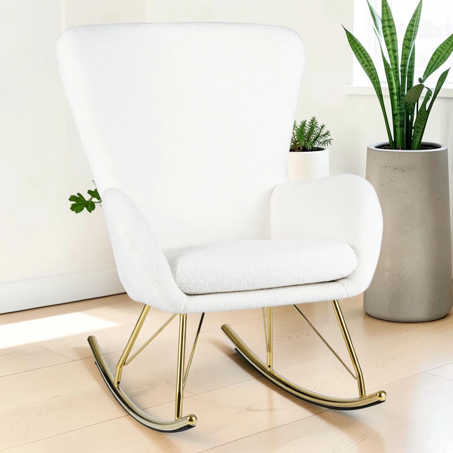 Nursery Rocking Chair, Teddy Fleece Upholstered Accent Chair with Curved Backrest, White, 39.5" x 28" x 38"