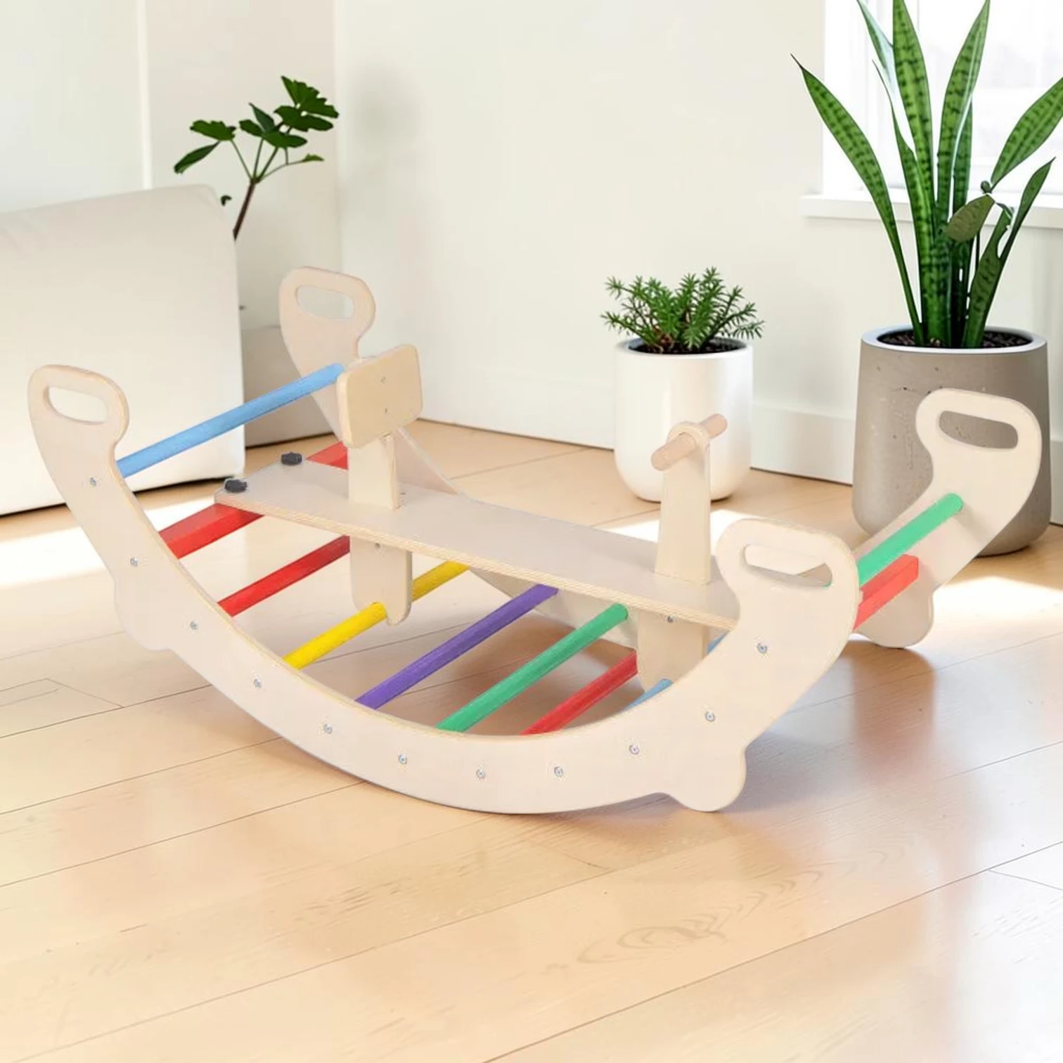 4-in-1 Wooden Climbing Toy Set, Rocker and Crawling Tunnel, Beech Wood, 48 x 20.5 x 17.5 inch