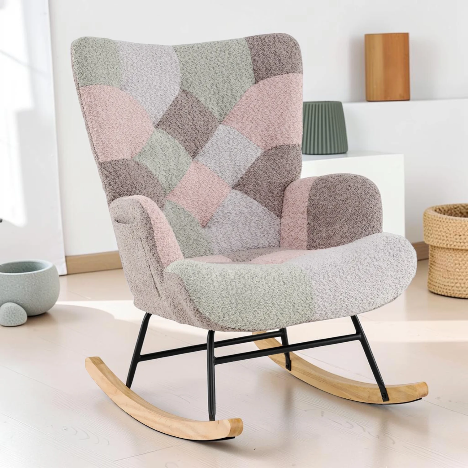 Nursery Rocking Chair, Boucle Fabric Upholstered Glider with Metal Frame, 33" x 27" x 35"