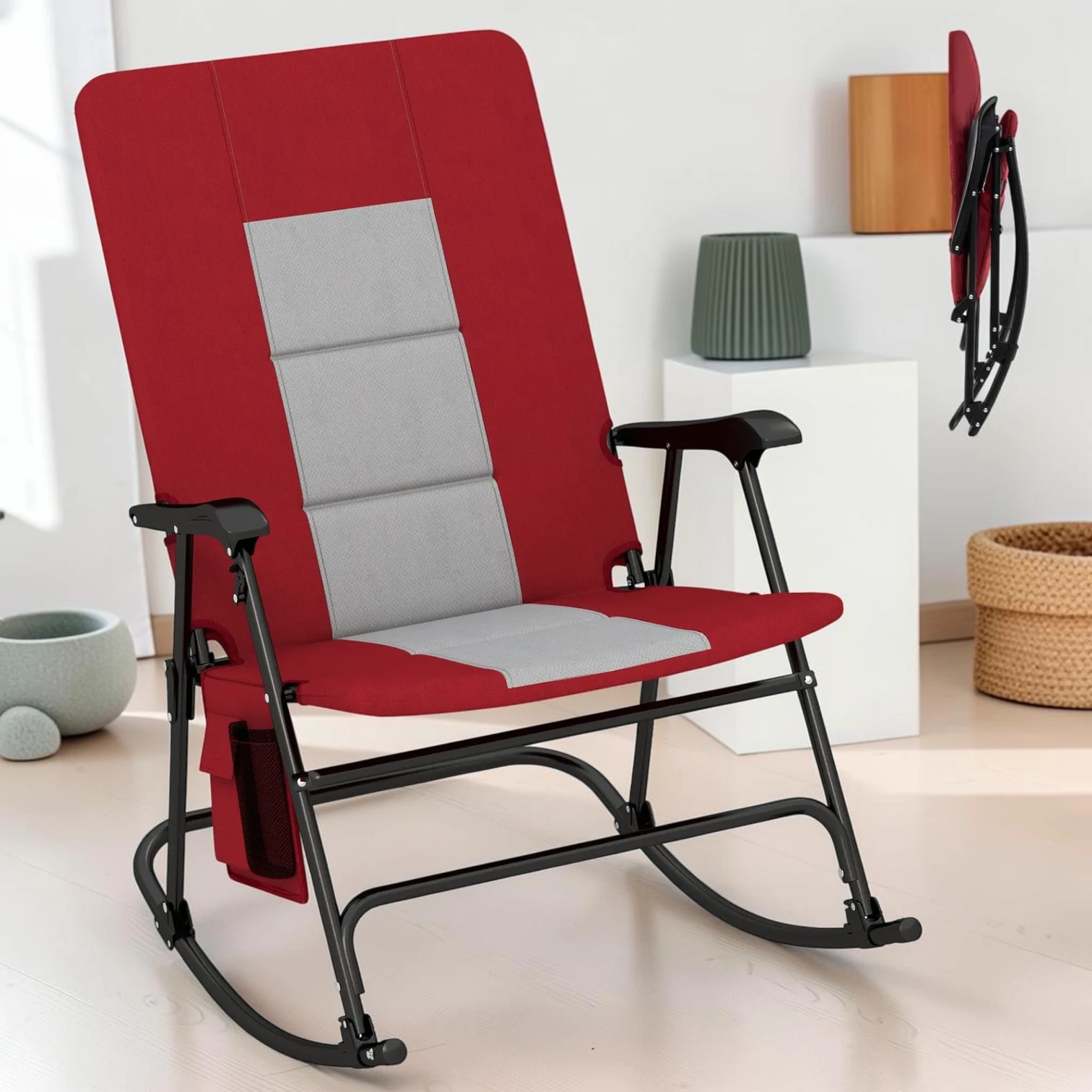 Foldable Rocking Camping Chair, Padded Oxford Fabric with Steel Frame, 25.5 x 38.5 x 40.5 Inches, Red