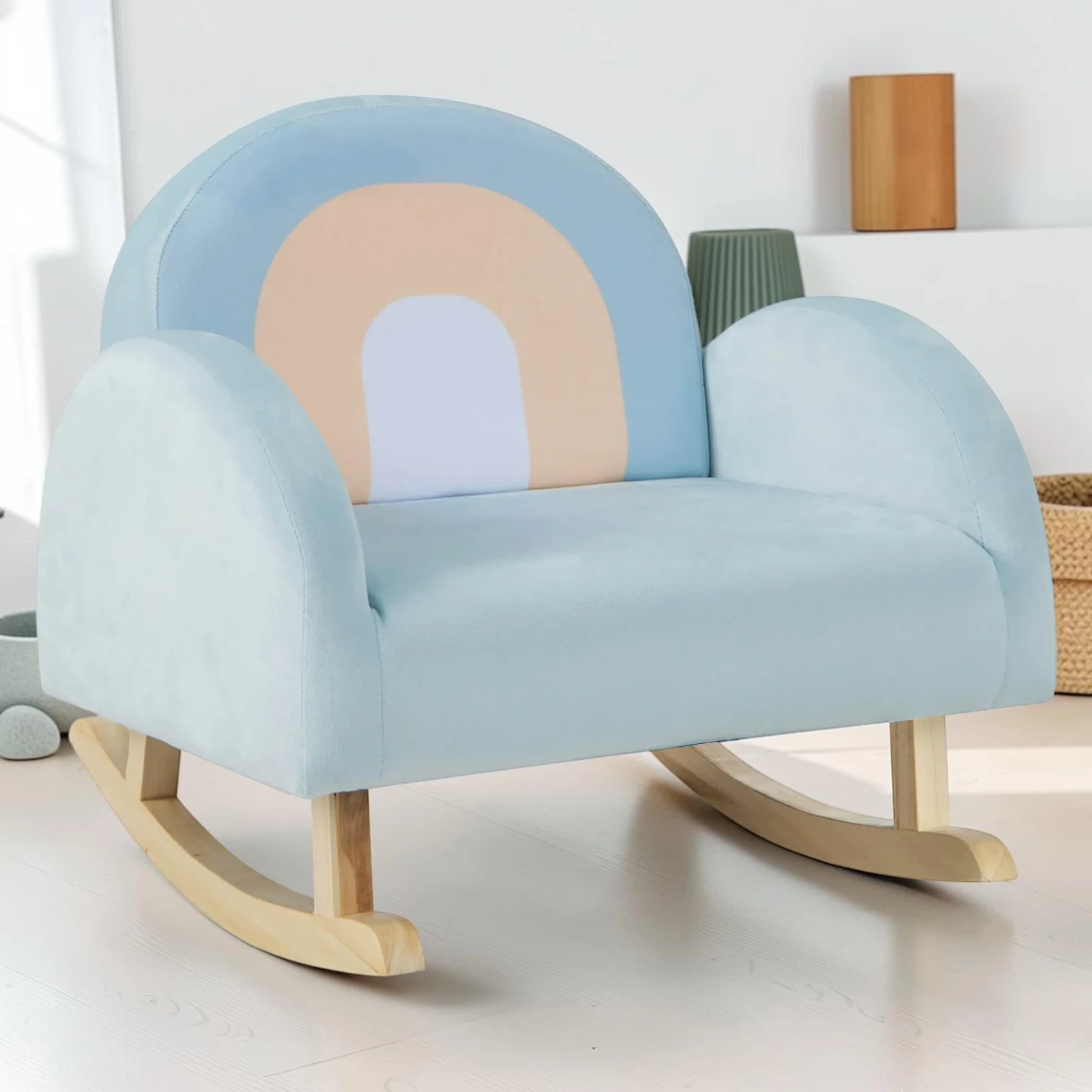 Toddler Rocking Chair, Velvet Upholstered Kids Rocker with Rubber Wood Frame, Blue, 19.5" x 18" x 17.5"