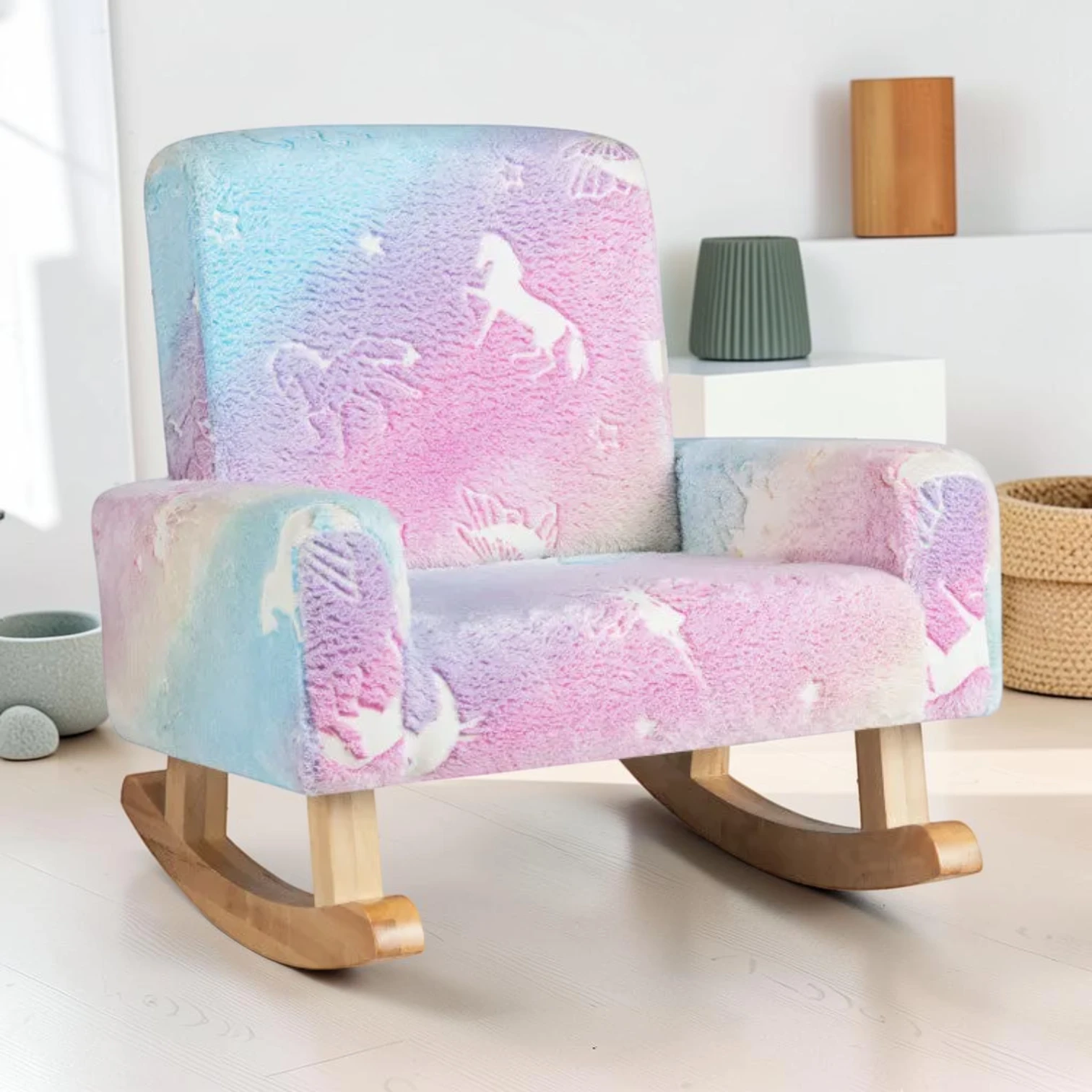 Kids Upholstered Rocking Chair, Flannel Fabric with Poplar Wood Base, 22 x 19.5 x 19.5 Inch