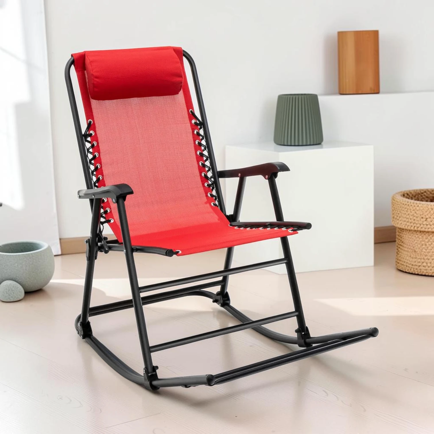 Folding Rocking Chair with Footrest, Steel Frame, Red, 25 x 40 x 40 Inch
