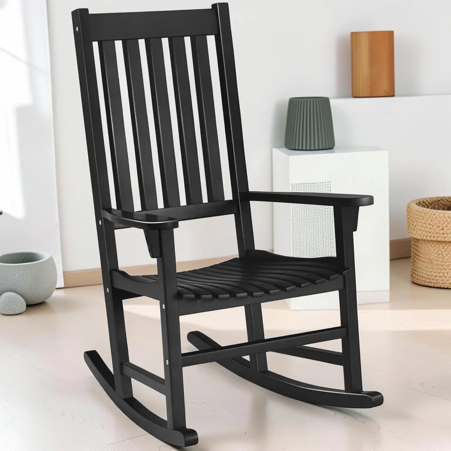 Indoor Outdoor Wooden High Back Rocking Chair, Acacia Wood, 33" x 28" x 45.5"