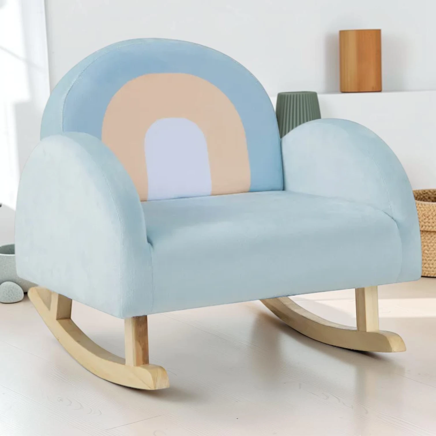 Kids Upholstered Rocking Chair, Velvet Fabric with Rubber Wood Frame, 19.5" x 18" x 17.5"