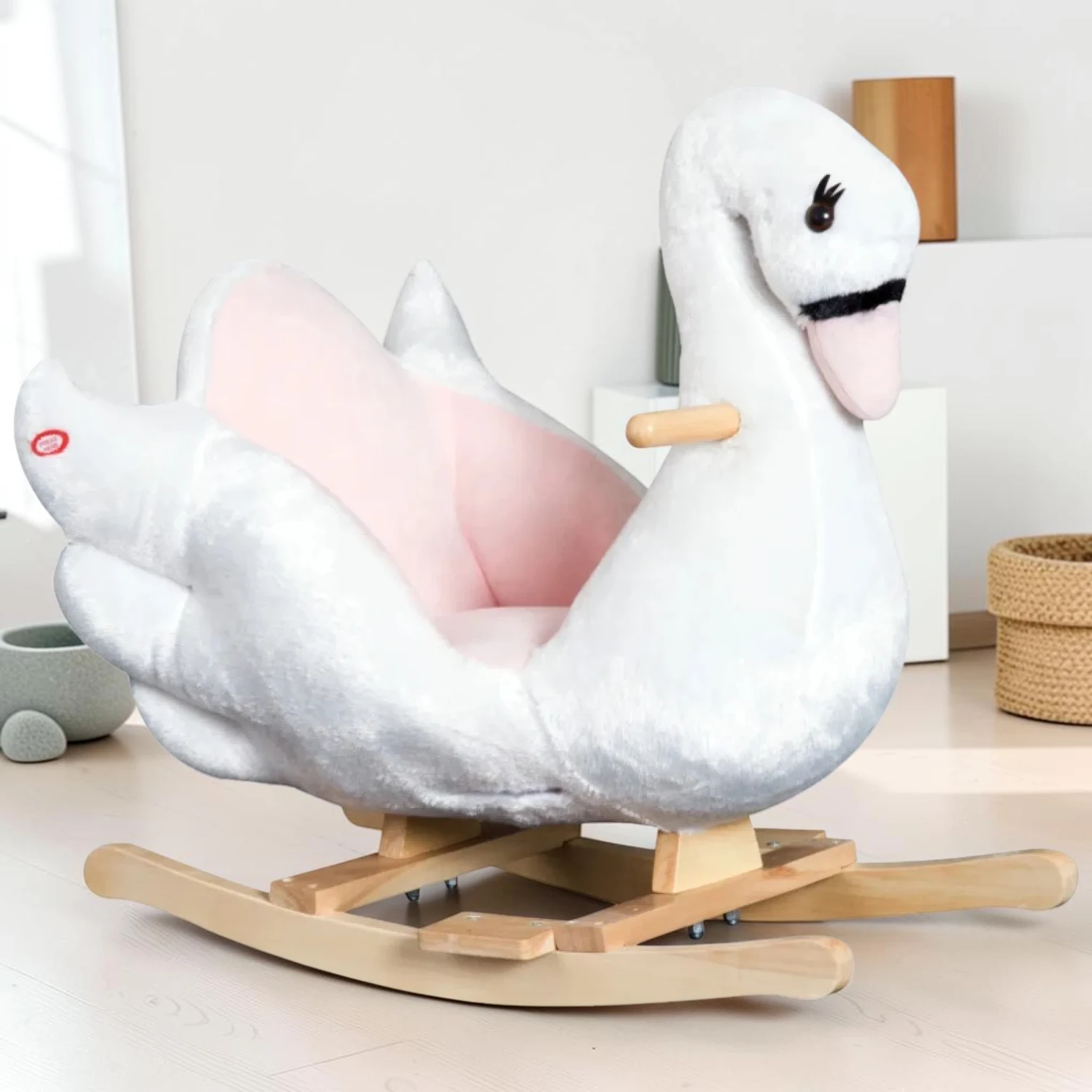 Kids Rocking Horse Swan Plush Ride-On Toy with Music, White and Pink, 23.5-inch