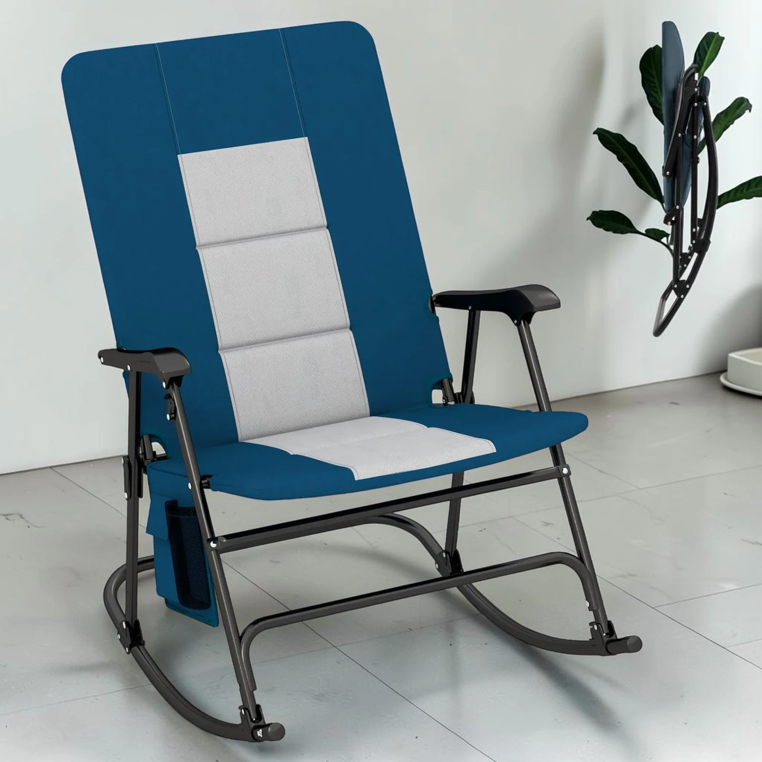 Foldable Rocking Camping Chair with Padded Cushion and Steel Frame - Blue